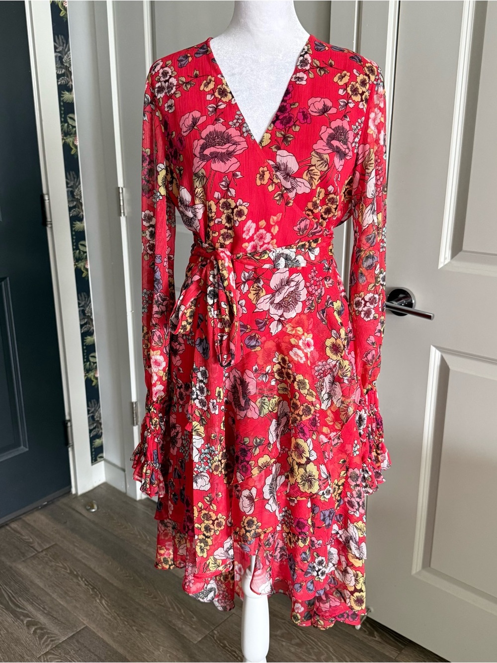 Alexis Red Floral Chiffon Hi-low Long Sleeve Wrap Dress Size M
